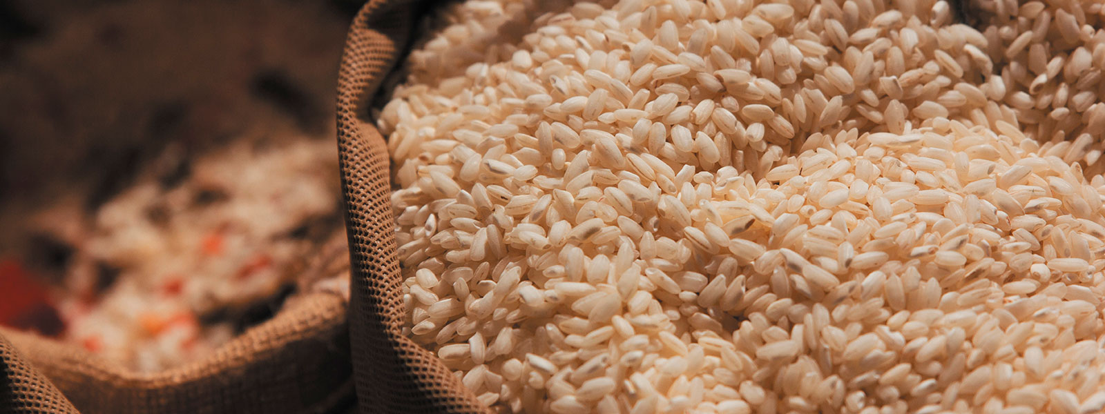 Ein großer Sack mit braunen Reiskörnern
