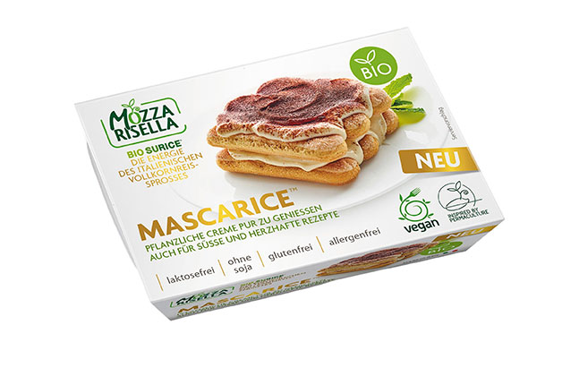 Bild von der Verpackung des Produktes Bio Mascarice, einer veganen Alternative zu Mascarpone