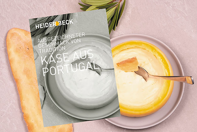 Grauer Hintergrund mit einem offenen Käselaib, ein Stück Brot und ein Olivenzweig dekorativ angerichtet. Darüber der neue Katalog 