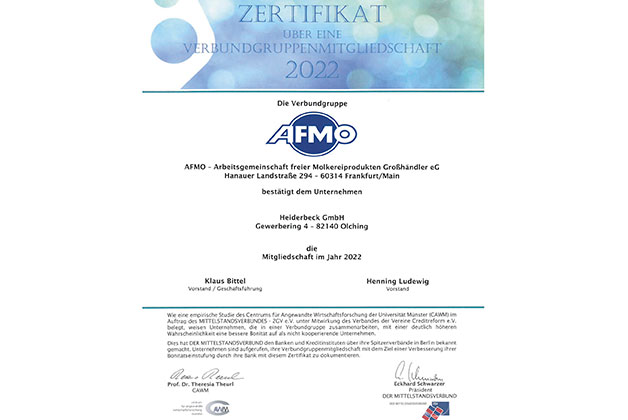 Bild des Zertifikates der Mitgliedschaft von Heiderbeck bei der Afmo