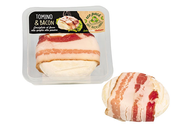 Bild von der Verpackung des Grillkäses Tomini mit Bacon