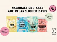 Die vier pflanzlichen Produkte von Willicroft nebeneinander gestellt auf beigem Hintergrund