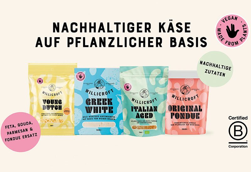 Die vier pflanzlichen Produkte von Willicroft nebeneinander gestellt auf beigem Hintergrund