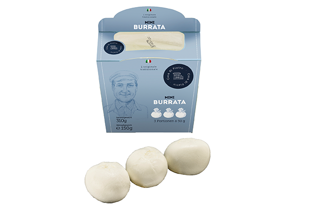 Bild der Packung Mini Burrata, davor liegen 3 kleine Kugeln Burrata